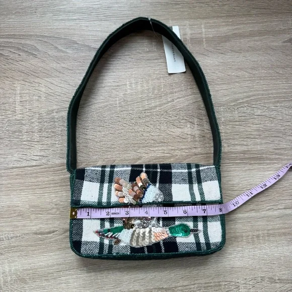 Anthropologie The Fiona Beaded Shoulder Bag Animal Edition Duck Plaid Green - Picture 12 of 13